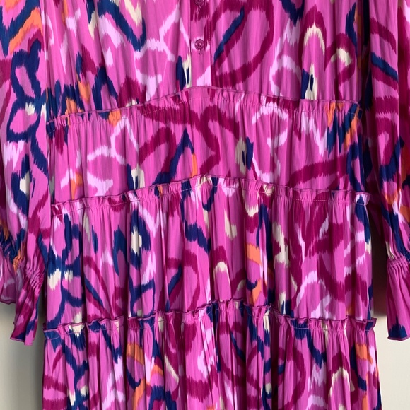 Chico's Pink Artsy Print Tiered Maxi Dress Sz.2 or 12 V- neck LS Lined Colorful - Picture 3 of 13